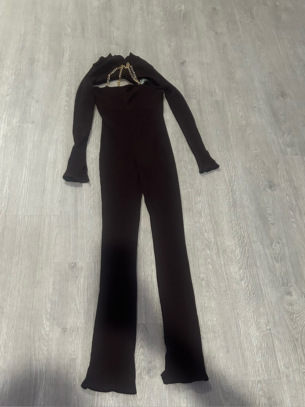 Chocolate  Jumpsuit with Gold Chain Detail and long sleeve Bolero